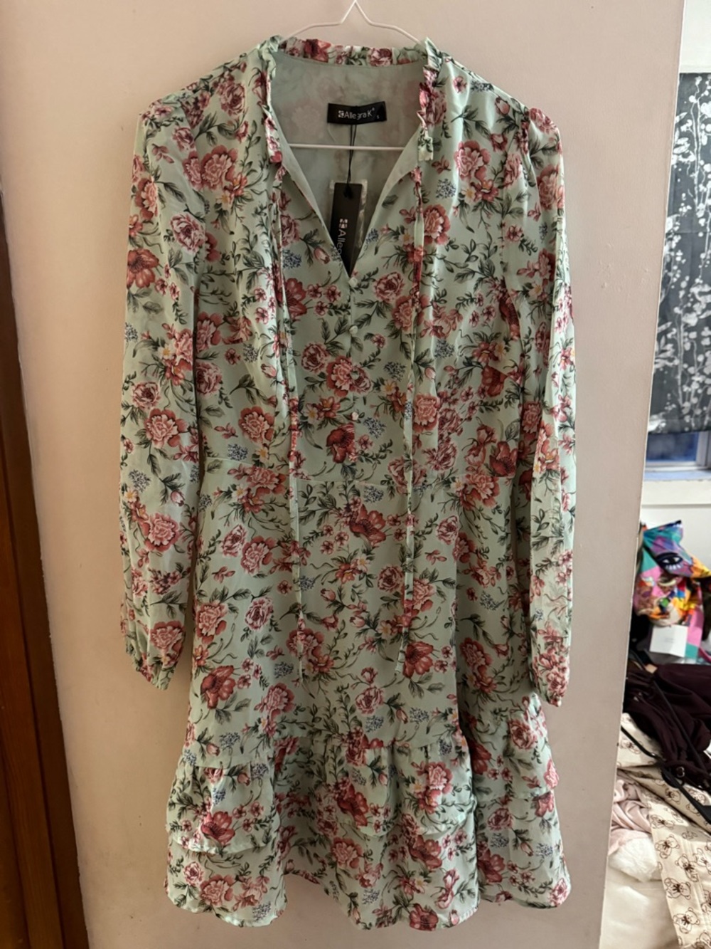 Allegra K Mint Green Floral Tie-Neck Blouse